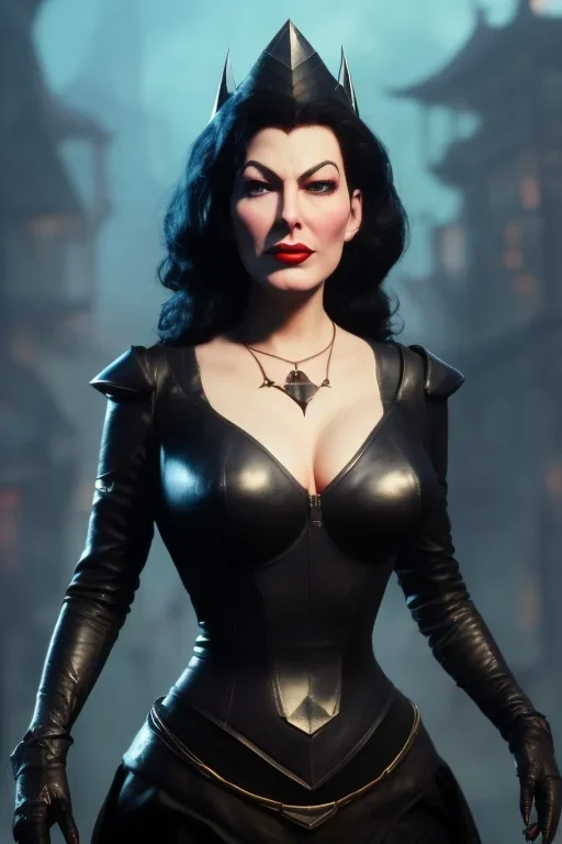 Ava Gardner as evil queen in black leather, busty, cleavage, curvy, angry, stern look. character design by cory loftis, fenghua zhong, ryohei hase, ismail inceoglu and ruan jia. unreal engine 5, artistic lighting, highly detailed, photorealistic, fantasy