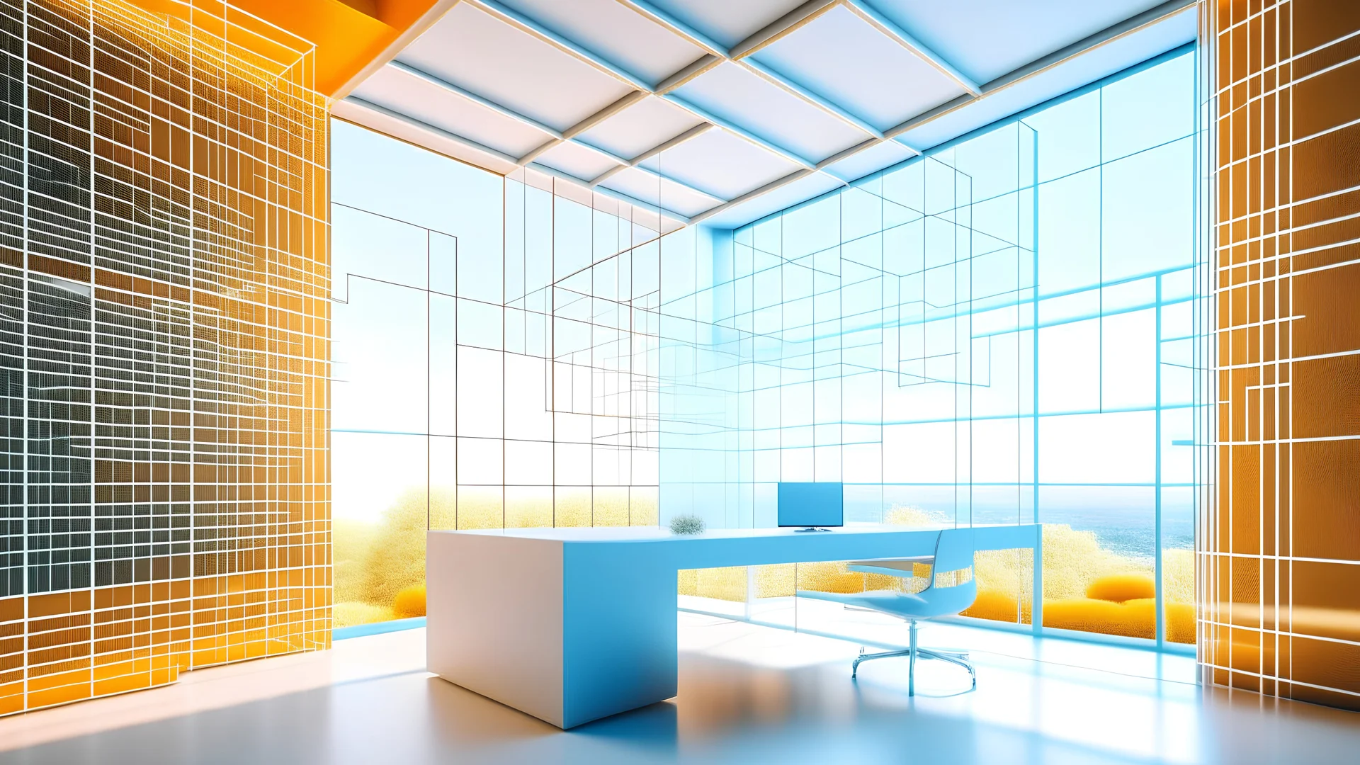 Create a futuristic office image with a digital wireframe, 3D cubes, and a sleek photography style. Use light blue and orange tones for a harmonious atmosphere. Integrate a natural landscape outside the office to seamlessly blend modernity with the surrounding environment.