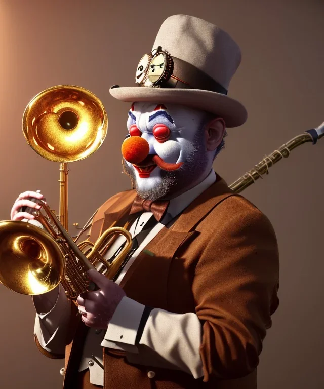 mechanoid old friendly fat clown with trimmed beard playing jazz with a steampunk theme, trumpet, realistic