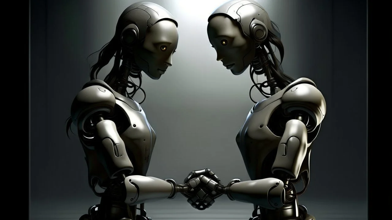 Surrealism.. Create an image featuring two humanoid robots holding hands. One robot should have a shiny light gray finish, while the other should have an opaque dark gray appearance. Both robots have their heads slightly tilted downwards, giving a mechanical and somewhat contemplative look. The setting is minimalistic, focusing on the contrast between the robots' finishes and their human-like connection. Contemporary art.