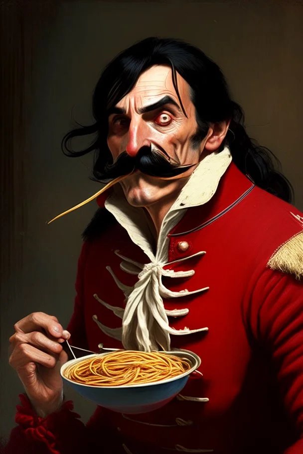 Captain Hook eating spaghetti Middle aged man with Shoulder-length black hair, thin moustache, red jacket