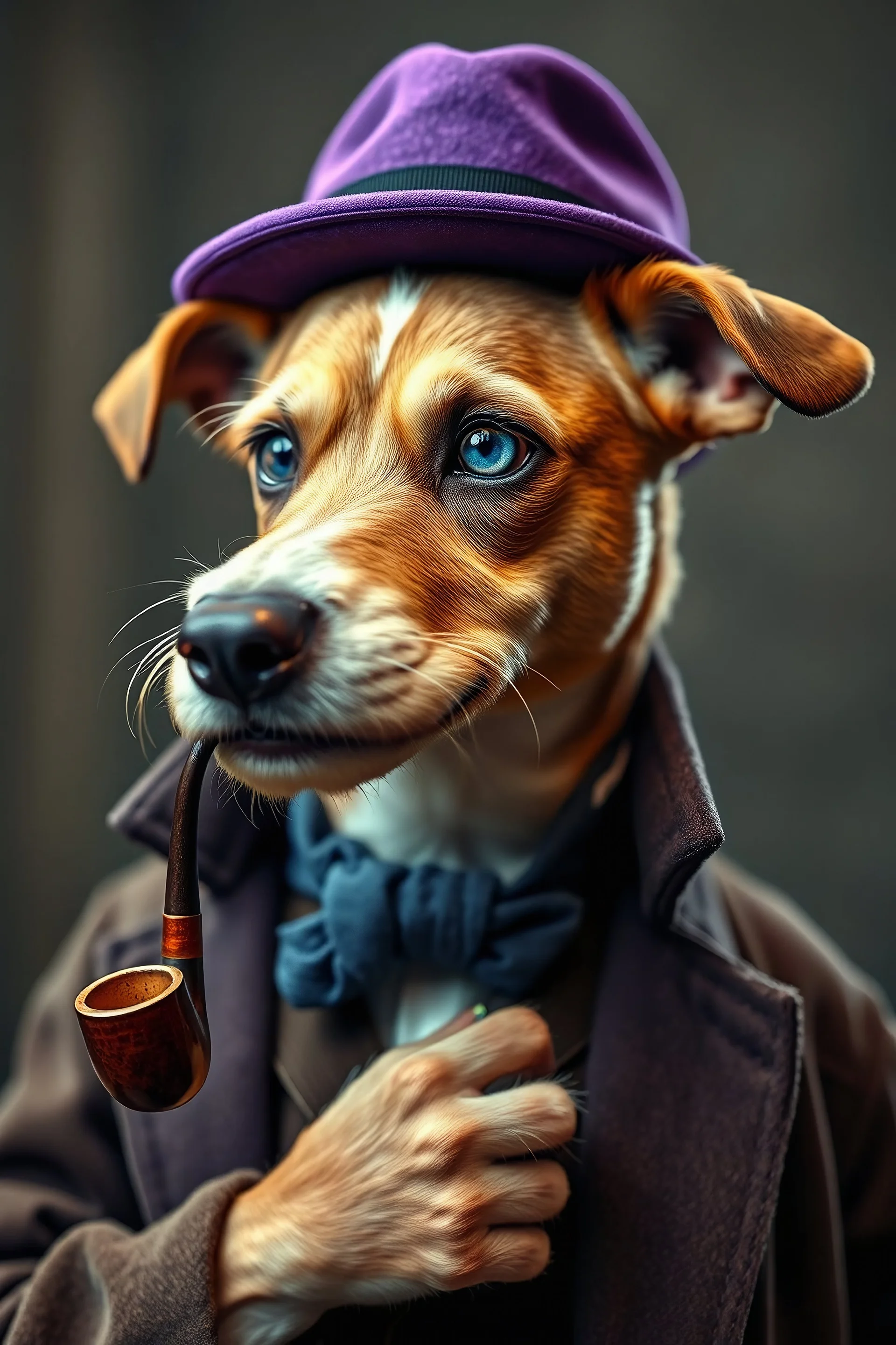 a dog in purple bowler hat with blue eye, anthropomorphic, dressed in a sherlock holmes detective costume, with a pipe in his hand, a private investigator in a movie, a movie still, movie lighting