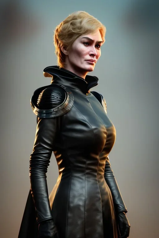 Cersei Lannister as evil queen in black leather coat, busty, cleavage, voluptuous, lena headay, angry, stern look. character design by cory loftis, fenghua zhong, ryohei hase, ismail inceoglu and ruan jia. unreal engine 5, artistic lighting, highly detailed, photorealistic, fantasy