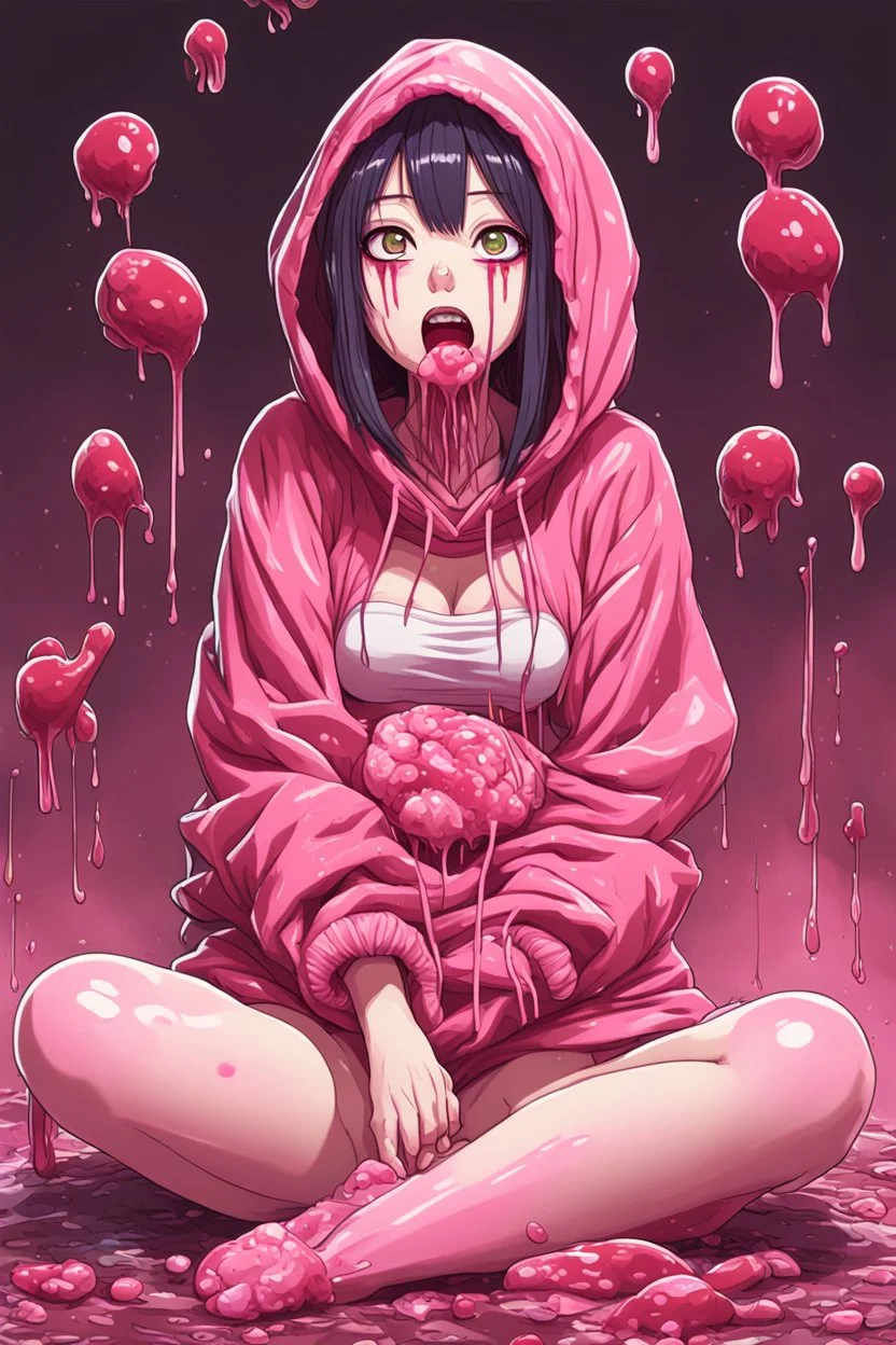 Anime girl crushed inside really darkred fleshy stomach filled with digestive juices, sit pose, fullbody, serius, tears, Junji Ito style, pink tones, pastel tetradic colors, 3D vector art, isometric style, retro aesthetic,rolling eyes, tongue out, saliva drip, open mouth,toph bei fong, croppedhoodie, underboob, mountainous horizon, 1girl, toph, bangs, black hair, blind, grey eyes, hair between eyes, hair bun, hairband, short hair, cropped hoodie underboob, cropped hoodieunderboobhoodie