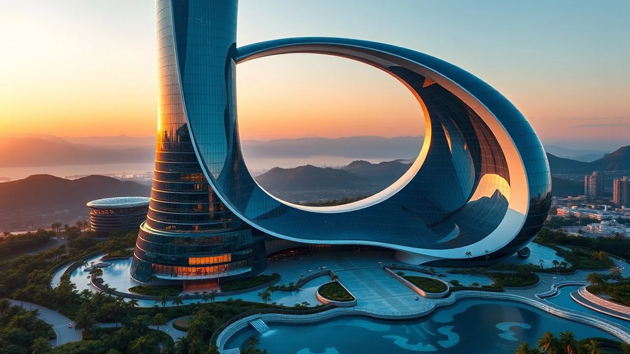 A futuristic skyscraper designed with sweeping hyperbolic curves, where the entire façade is made of reflective glass. The building rises gracefully toward the sky, with its symmetrical hyperbolic arc creating a sense of balance and elegance. Surrounding the structure are lush gardens and flowing water features that mirror the curves of the building. There are mountains in the distance. Beautiful lighting at sunrise. Award-winning photograph.