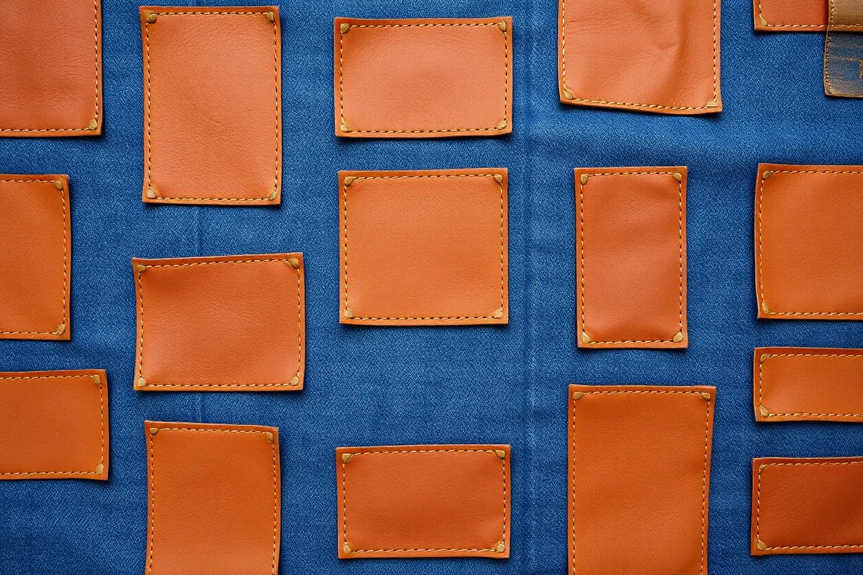 blue denim background covered with a grid of many rectangular dull tan leather patches that are each stitched around the edges