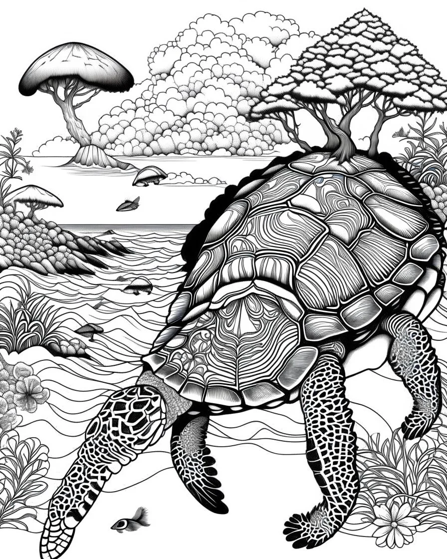 coloring pages for kids, Pacific island shaped Japanese ink painting, paradise, sea turtles , Art drawing .super detailed, low detail, black and white, no shading, --ar 85:110