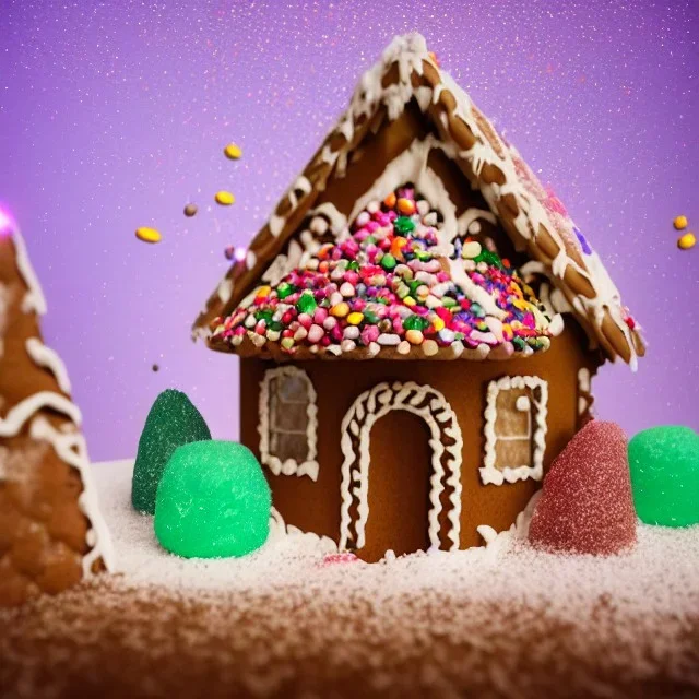 4d model of gingerbread house with gazebo, cotton candy trees, rainbow sprinkles, crushed rock candy as walls, gumdrops, frosting, 8k resolution, centered, high-quality, ultrafine-detail, digital art, flickering light, detailed matte, volumetric lighting, illustration, 3D octane render, brian froud, howard lyon, ben goossens, George Grie, greg rutowski, alphonse mucha