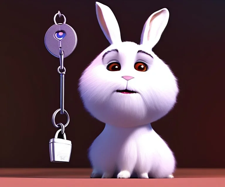 Portrait of the rabbit Snowball with the key, from The Secret Life of Pets. Unreal Engine 5,3D Animation Quality, Octane Rendering, comic book art, volumetric lighting, Adobe After Effects, Retro Futurism, Daz3D.