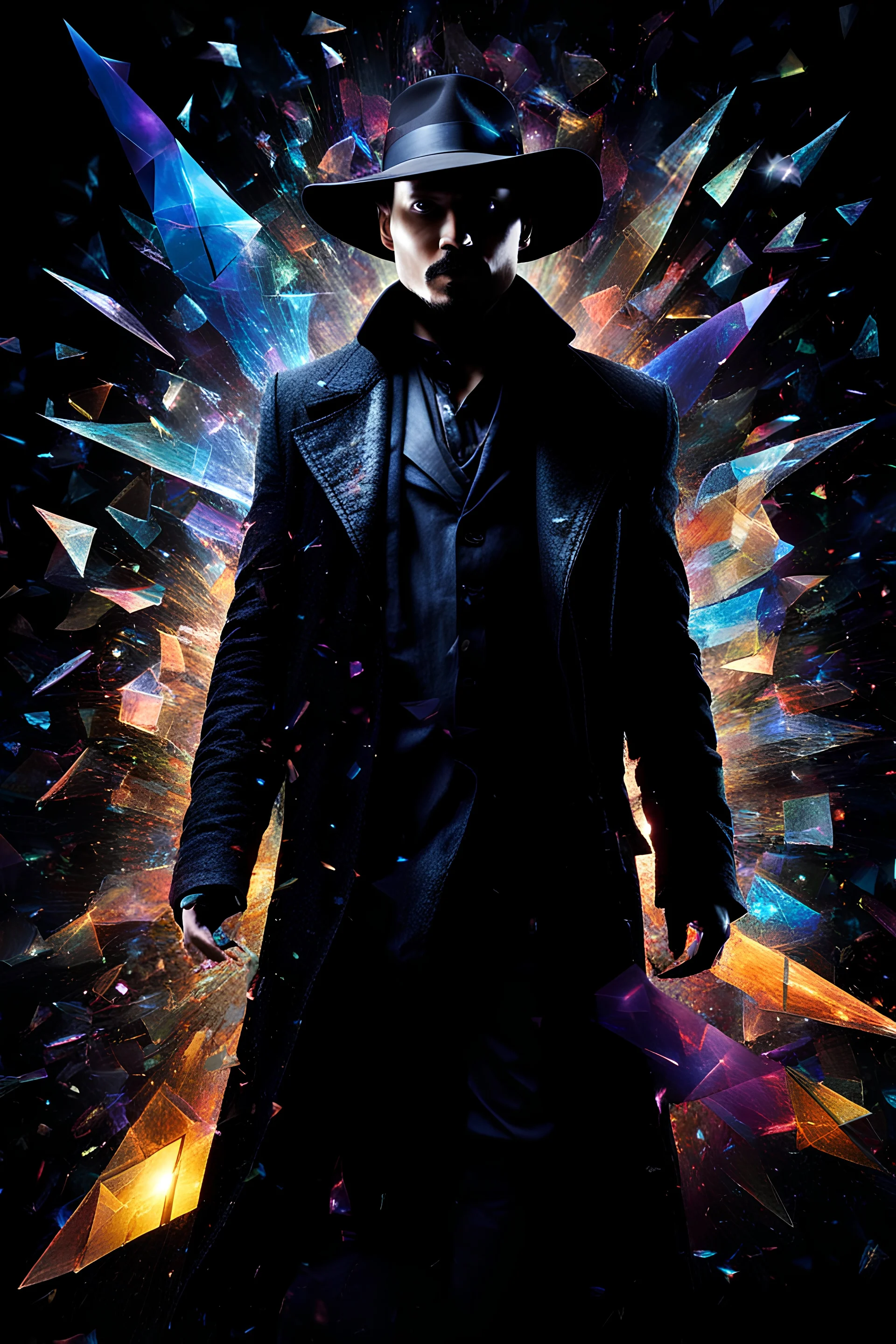 Johnny Depp - pitch-black background with a blue glowing overhead spotlight effect, multicolored shards of broken glass, prism effect, mosaic effect, time travel, space voyages, superheroes, moving really fast