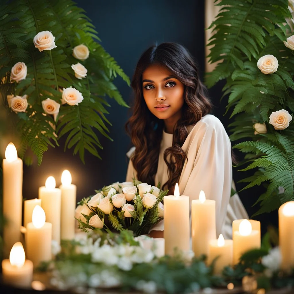 a young girl sitting on a couch holding a bunch of flowers, tanned ameera al taweel, hair whitebangs hair, sitting on comfort, roses and lush fern flowers, with big eyes, in a room full of candles, a microscopic photo, cute photograph, from left