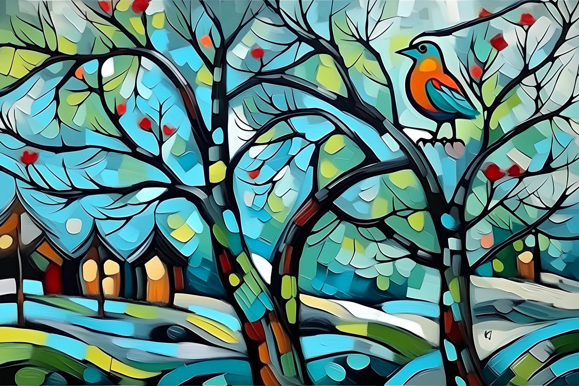 abstract painting style picasso winter joy in lonely tree cold colors bird lake