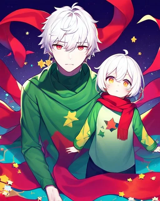 Green clothes with a yellow stripe and star in the middle of the print, short white hair, A young boy, wears a red scarf, has a colorful aura, At the bottom there are several stars, and his eyes are green.