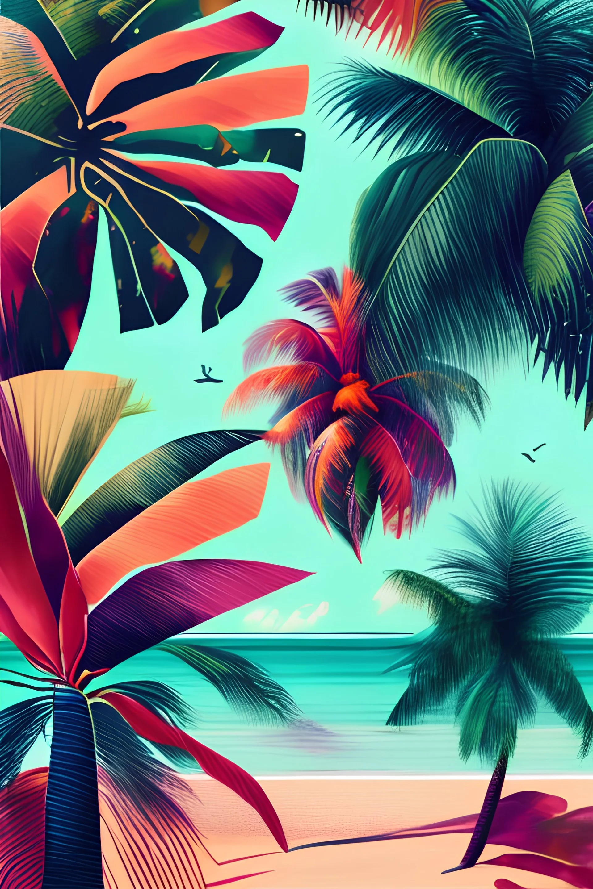 "Create AI wall art featuring a tropical paradise. Imagine a lush palm tree print and tropical leaf design. Emphasize vibrant, natural colors and a 16 x 20 print format. Craft an inviting wall poster, perfect for gifting or enhancing any living space with a touch of tropical serenity."