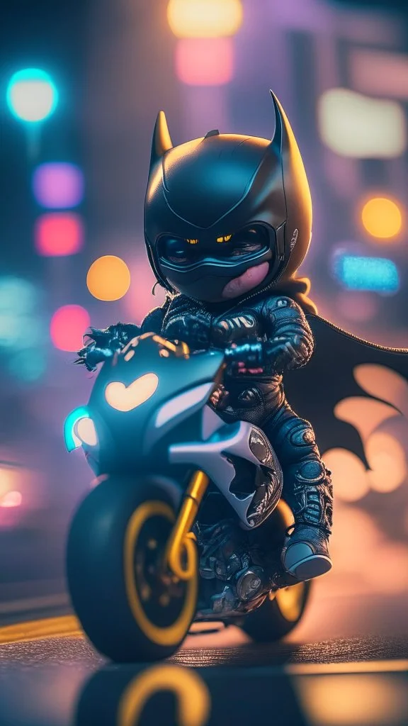 A happy Kawaii tiny hyper realistic baby batman riding mini ducati panigale, wearing bikers batman clothes with shooting action, night of cyberpunk city background. wide angle full body, 8k, Cinematography, photorealistic,epic composition Unreal Engine,Cinematic, Color Grading, Portrait Photography,Ultra-Wide Angle, Depth of Field, hyper detailed