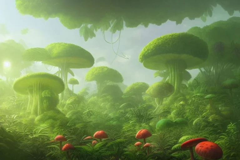 jungle on an alien planet with massive flowers, fruits and mushrooms, wideangle view, volumetric lighting, volumetric clouds, small minutiae, tiny features, particulars, precise pencil outlines, sharp lines, cinematic art by jessada sutthi