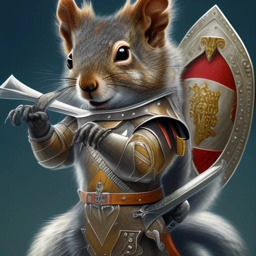 highly detailed and realistic squirrel, dressed as a medival soilder with sword and shield, guarding his nuts high detail, realism, vibrant colours, graffiti accents, complementary colours, splash art, perfect composition, beautiful detailed intricate insanely detailed octane render trending on artstation, 8 k artistic photography, photorealistic concept art, soft natural volumetric cinematic perfect light, chiaroscuro, award - winning photograph, masterpiece, oil on canvas, raphael, caravaggio