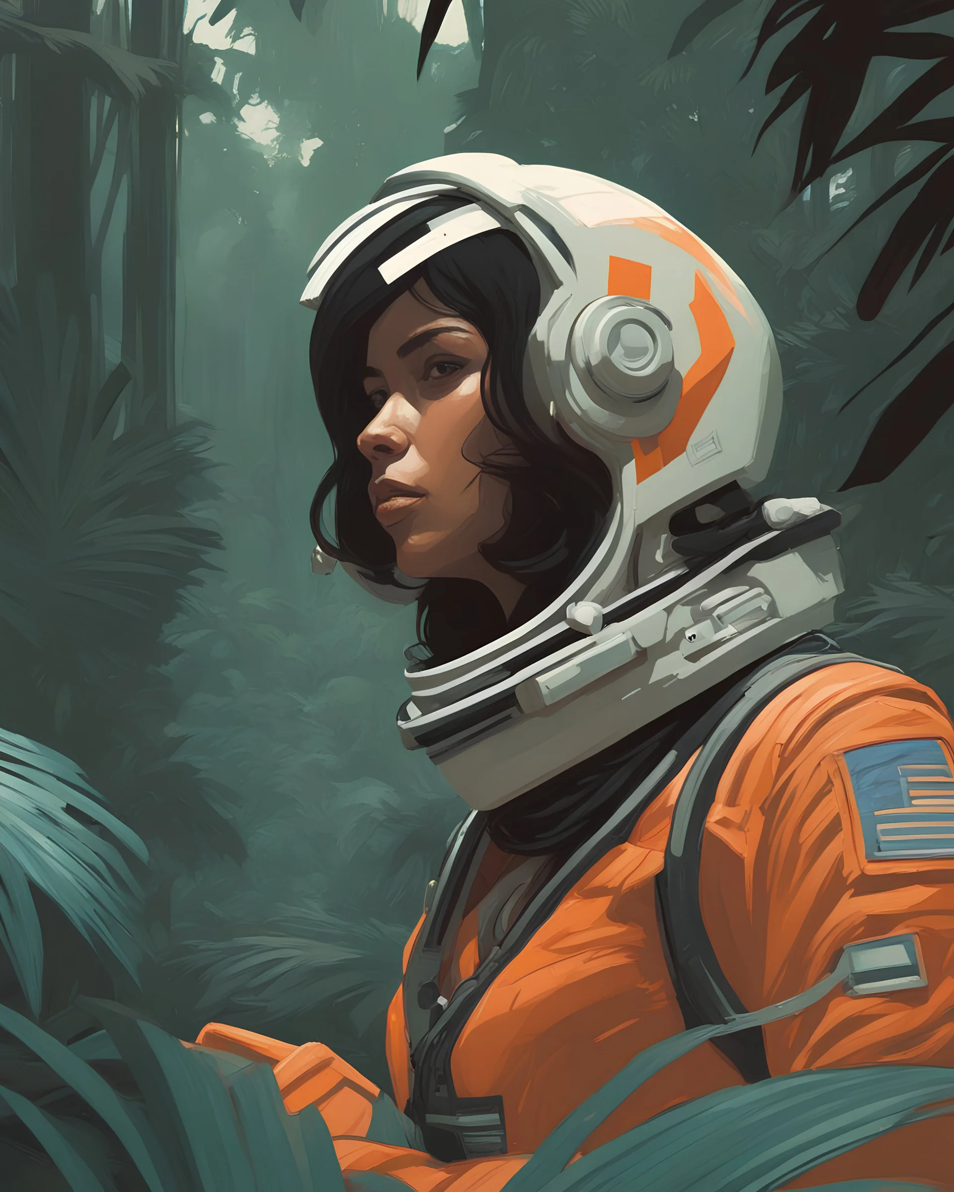 waist-up "female Astronaut in a Jungle" by Syd Mead, broken helmet tangerine cold color palette, muted colors, detailed, 8k