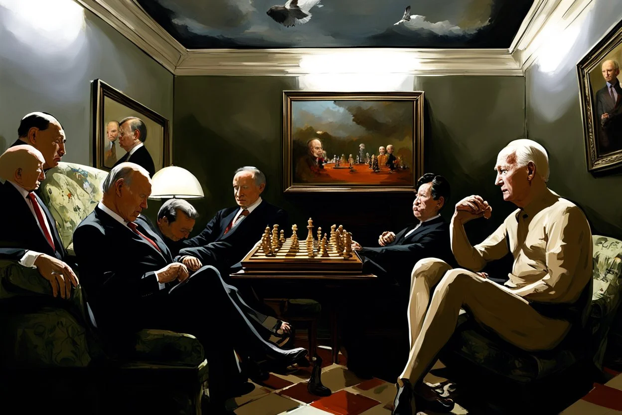 Putin, President Xi Of China And Joe Biden Play Chess With A Pigeon,Ufo And Atomic Bomb Mushroom Cloud,Complex Surgical Instruments Intermixed With A Newborn Boy,Minimalism,Painting By Adrian Ghenie,Rene Magritte,Pablo Picasso,Michelangelo,Salvador Dali,Lucian Freud