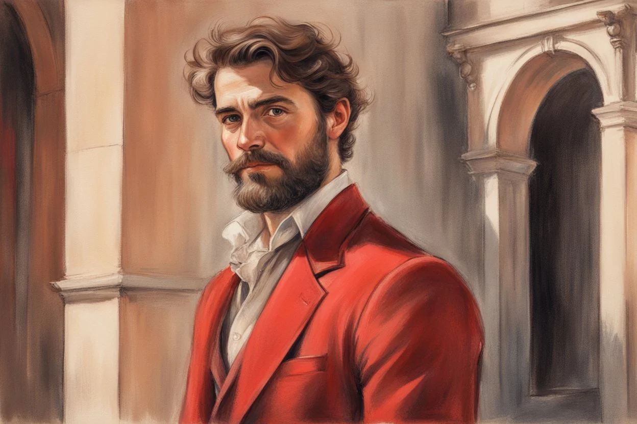 elegant handsome brown haired bearded man in firenze in red costume in sunshine, shading pastel and charcoal