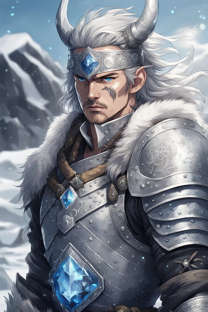 in anime style, 1man, a man with blue eyes and silver hair man in silver Viking armor with fur around the neck with blue crystal on his chest holding an axe in his hands standing on a pirate ship in the artic, warrior in anime style,