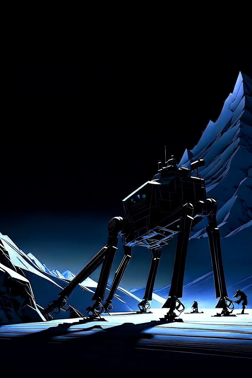 a silhouette of a sleek mechanical walker with eight legs scaling a very steep snow covered side of mout everest at night, it has a smooth surface, it has storage pods on its belly and humans can fit in the pods