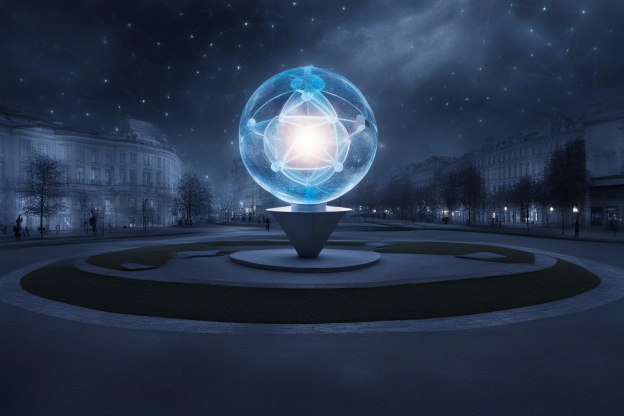 статуя на улице, Шар как атом/молекула: Сделать поверхность шара похожей на модель атома или молекулы, используя геометрические формы, светящиеся элементы или проекцию. . Для этого можно использовать различные геометрические формы, такие как круги, треугольники, шестиугольники и т. д., чтобы создать абстрактное изображение структуры атома или молекулы. Кроме того, возможно использование светящихся элементов, чтобы придать статуе особую магическую атмосферу и привлечь внимание прохожих ночью.