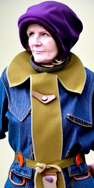 Image shows wholly a Brunette woman. average body type. Mantle is sewed of recycled Denim and sewed together of camouflage pieces. Camouflage colors are orange,terracotta, cream and purple. Cream latex gaiter. More yellow(Munsell)!!!Big bright purple/khaki felt tippet and cream or blue or lilac colored-hood. mantle is merged with satchel. . AKG-style headphones (gold rings!) is merged with small felt cap with small visor. Style: Haute Couture in 1936, Paris fashion in 2023.