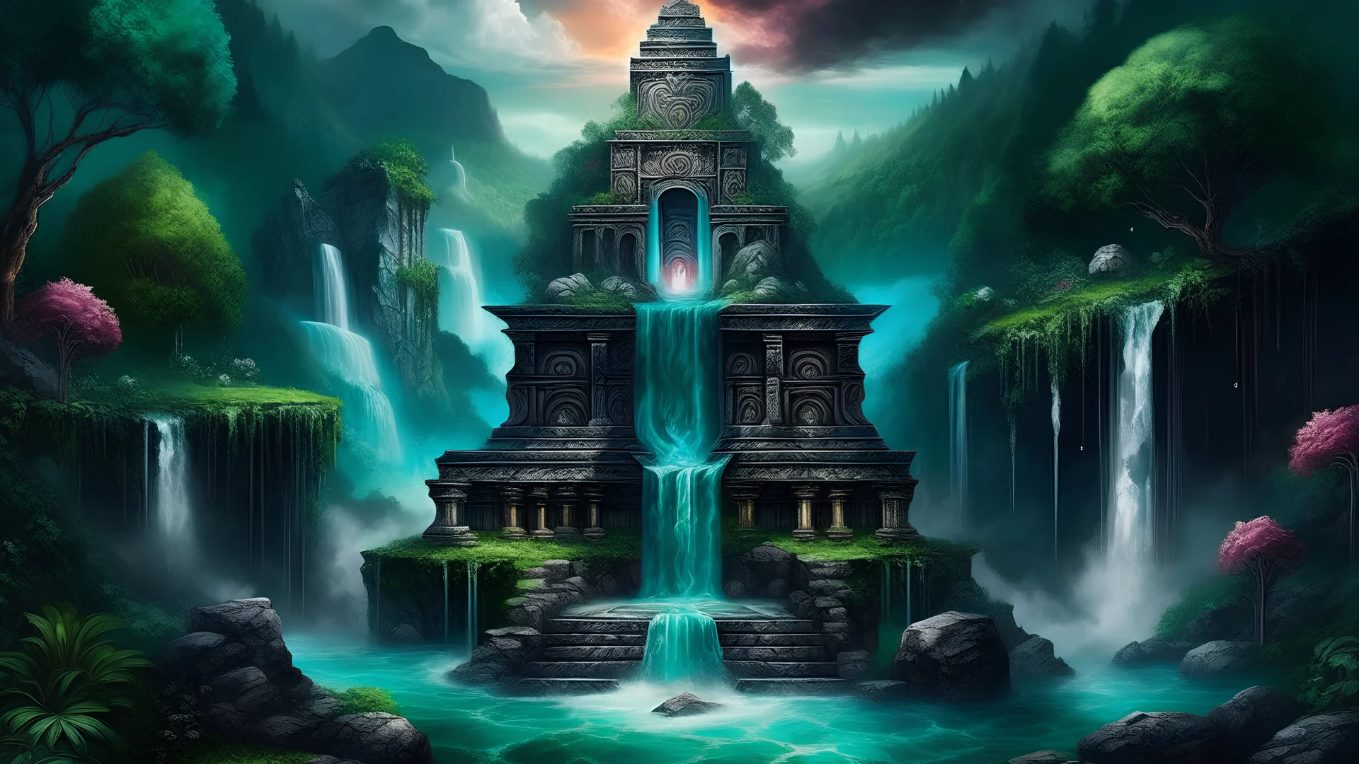 podium for meditation, my dreams . waterfall , day landscape, In the garden my mind bows . meditation .The ruins of a village in the midst in the jungle , mountains. space color is dark , where you can see the fire and smell the smoke, galaxy, space, ethereal space, cosmos, panorama. Palace , Background: An otherworldly planet, bathed in the cold glow of distant stars. Northern Lights dancing above the clouds in guinea. Fantasy gate floating in the universeRealty mountains. dark space, Palace,