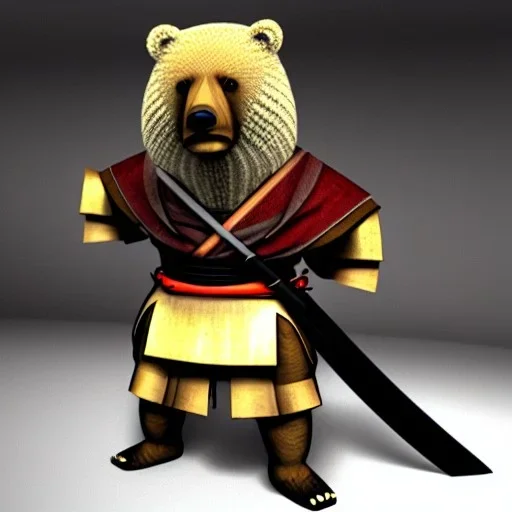 Un ours, anthropomorphique, habillé comme un samurai, portant un katana très detaillé, réaliste, très détaillé, représentation 3d, très précis.