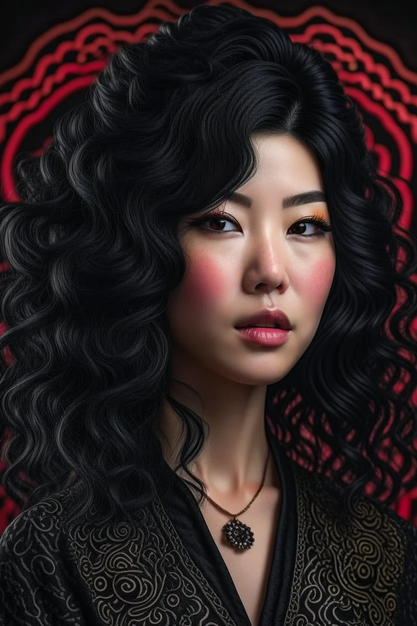 portrait of a mature asian goth woman with wavy black hair, fantasy style, realistic style, highly intrictae details, high quality, 8k