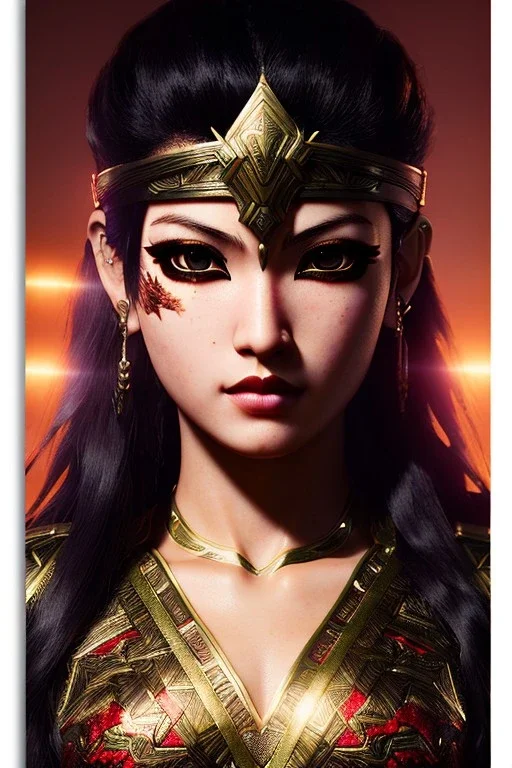 Amazon manga warrior, waist up portrait, 8k resolution, intricate details, ornate details, soft lighting, vibrant colors, retroanime, masterpiece, intricate eyeliner, dark eyeshadow, eyes, facepaint, hair, intricate tattoos, jungle background