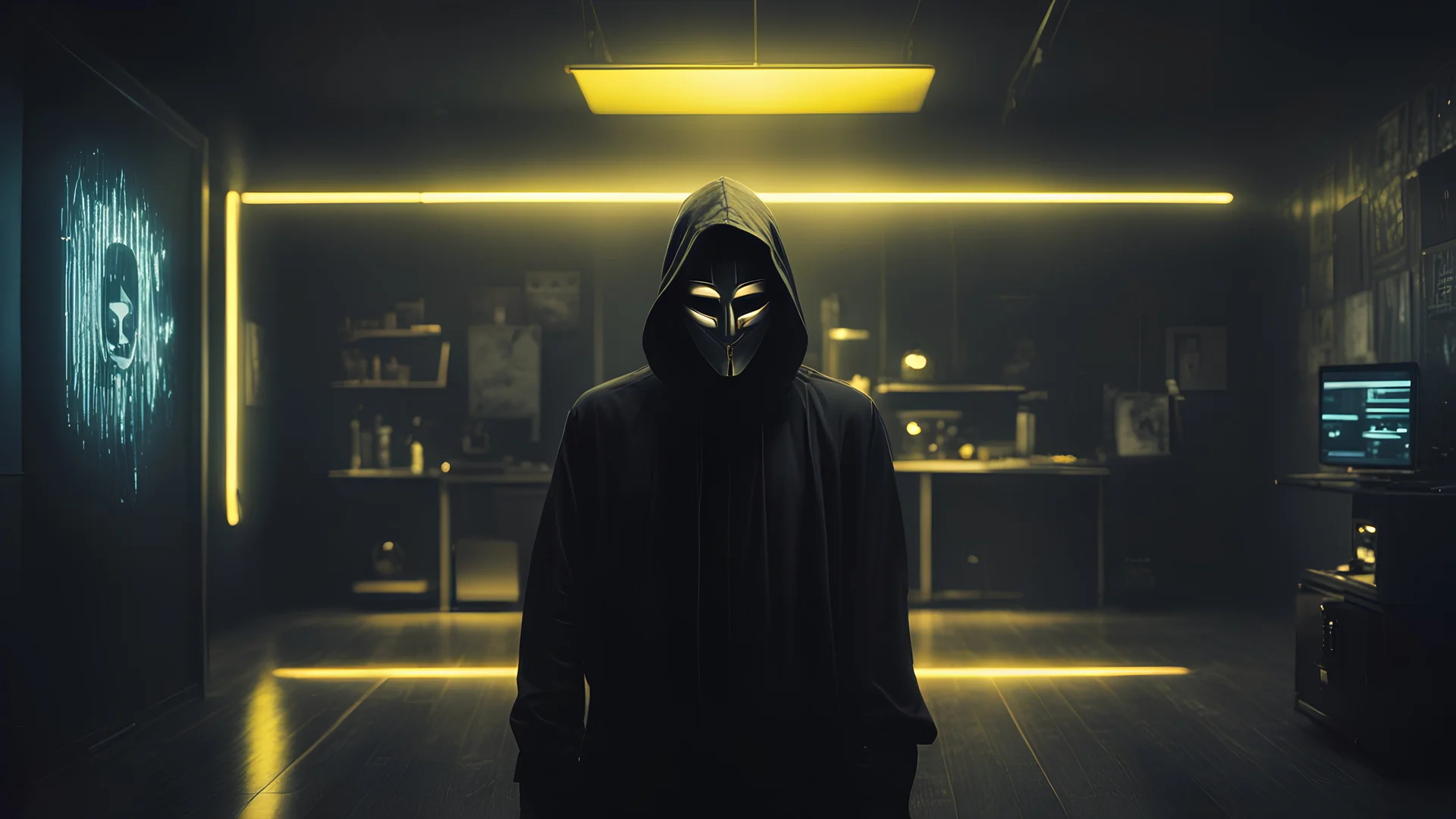 Create an image of a mysterious character dressed in black clothes, with no visible face, instead wearing an anonymous Guy Fawkes mask. The setting is a YouTuber’s room with a dark, moody vibe, enhanced by yellow LED or holographic lights. Include elements reminiscent of the Matrix, such as digital rain or code streams in the background. The room should have typical YouTuber attributes like a gaming chair, a computer setup with multiple monitors, and dimly lit by the ambient lights. 4k resolutio