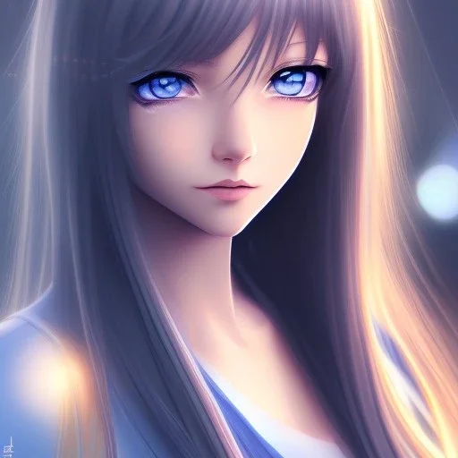 A realistic anime wifu character, blue eyes, breasts