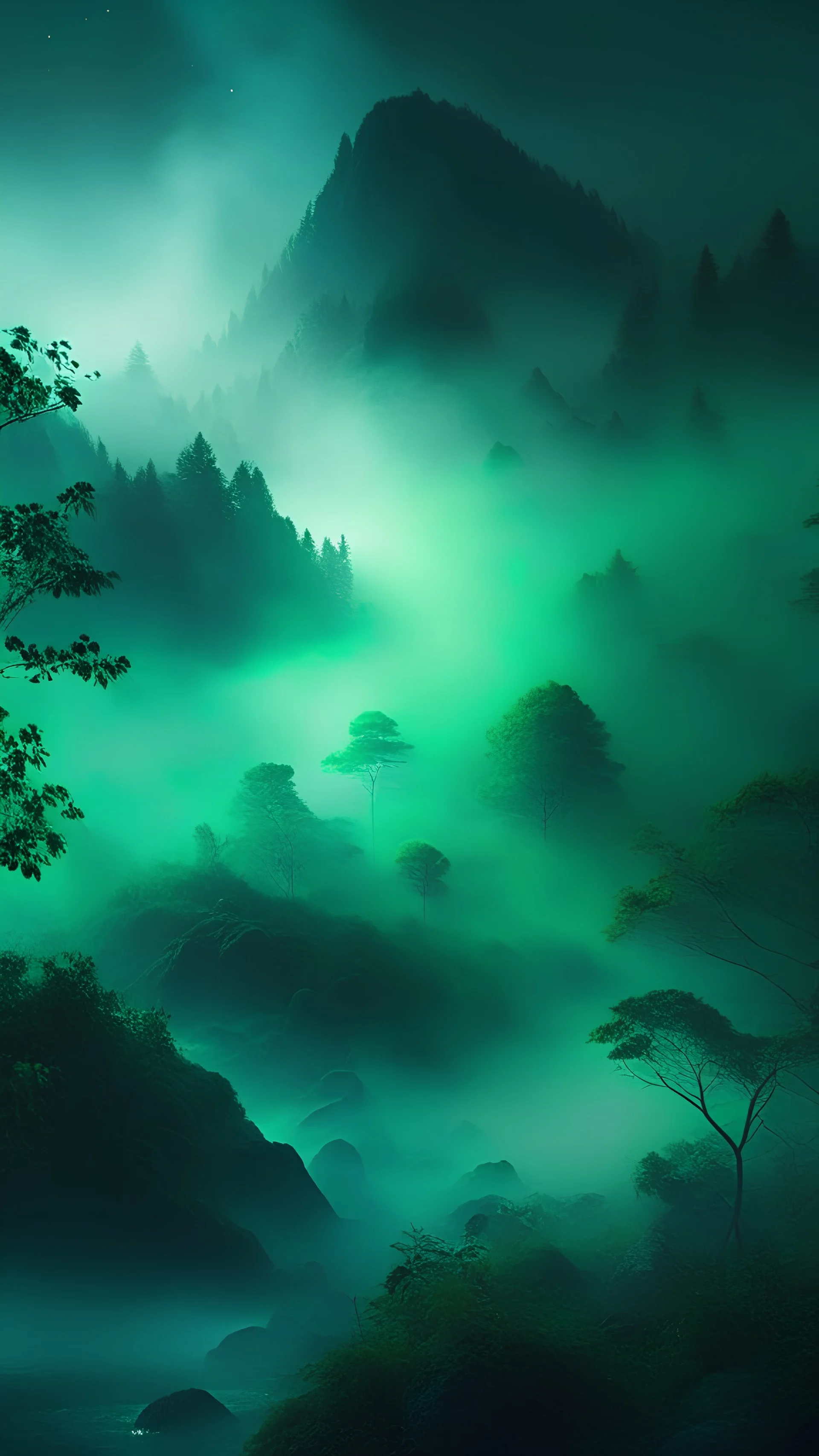 Gorgeous air elemental glowing emerald green in the dark mist at twilight