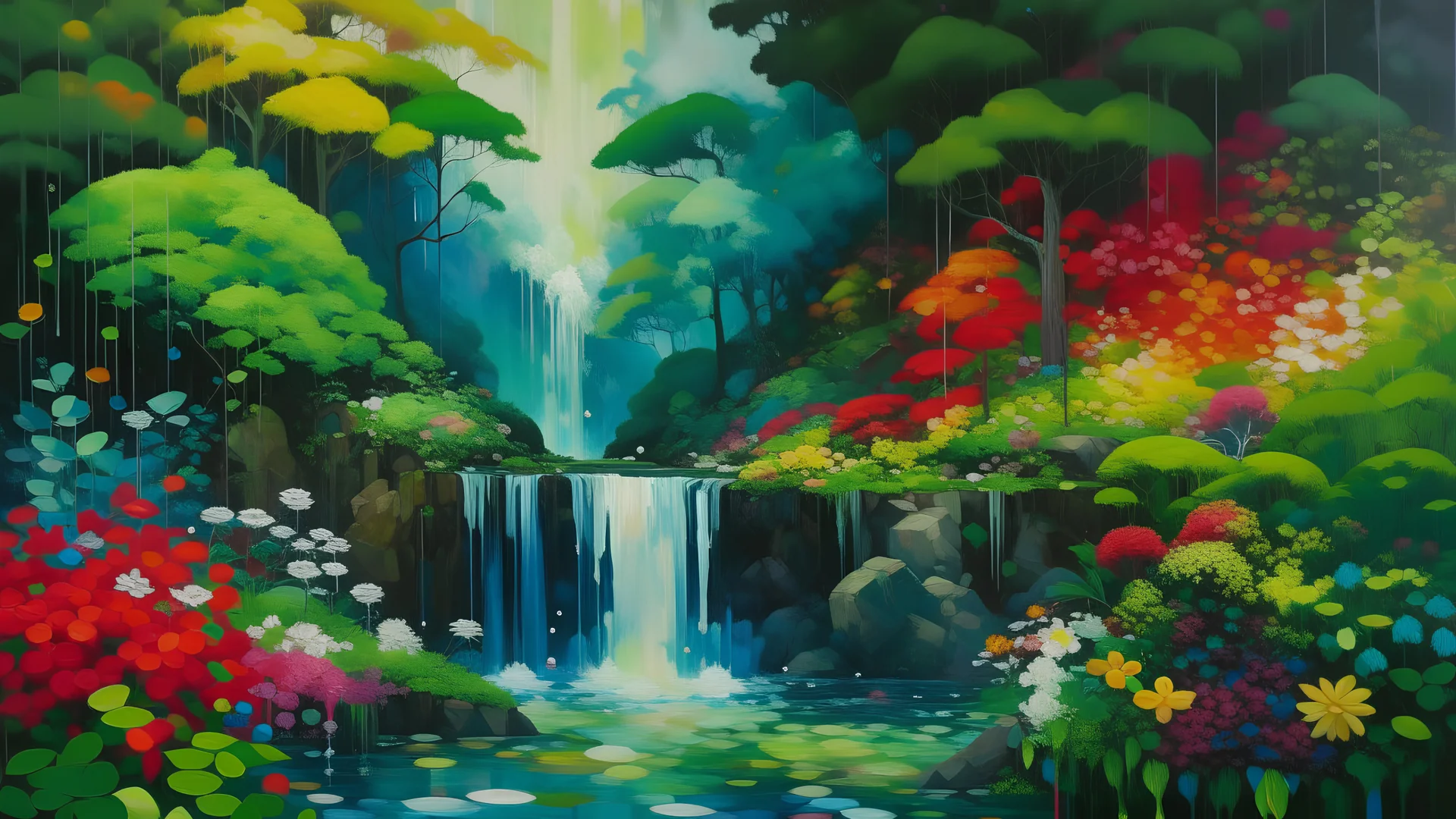 Splash art Studio Ghibli lyrical abstraction, a blend of traditional and modern art techniques that evoke a sense of nostalgia and wonder. The scene features a serene waterfall cascading into a tranquil pond, surrounded by lush greenery and colorful flowers. The suffix introduces a hint of mystery, as hidden creatures peek out from behind the foliage, adding an element of surprise to the peaceful setting