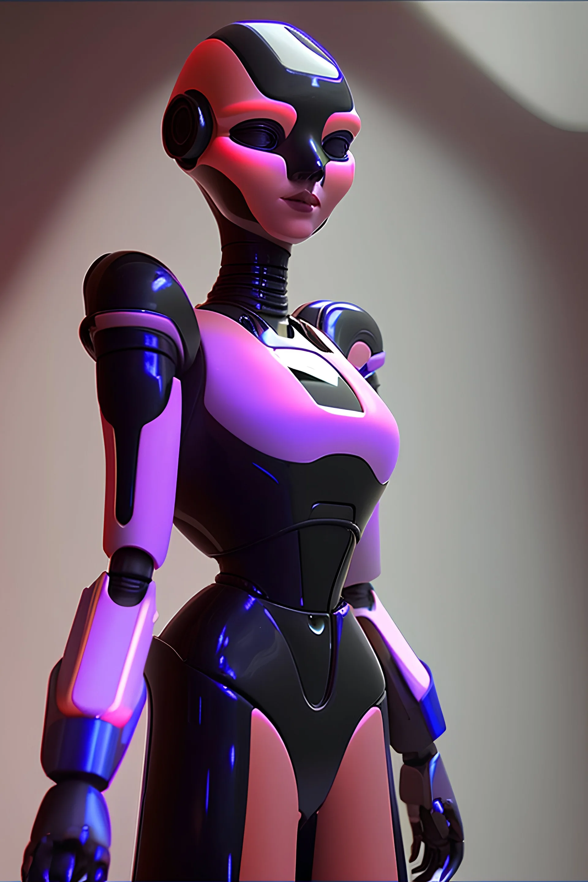 une atmosphère futuriste avec un robot en 3d composant les couleurs rouge, orange, violet et bleu et un fond noir