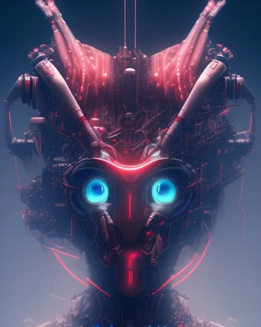 A beautiful portrait of a cyborg bird red color scheme, high key lighting, volumetric light high details psychedelic background