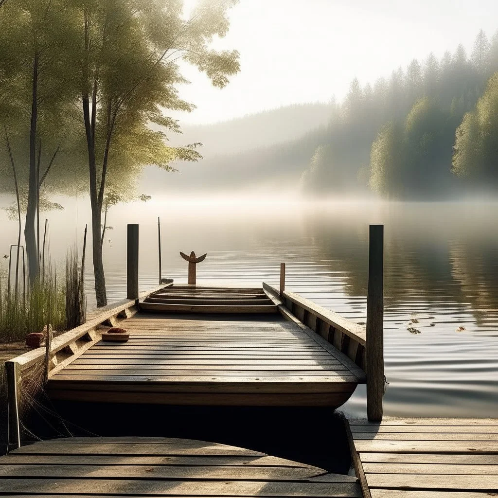 Generate a serene lakeside scene with a wooden dock stretching out into the water. Include a rowboat with oars resting beside it and a peaceful mist rising from the lake."