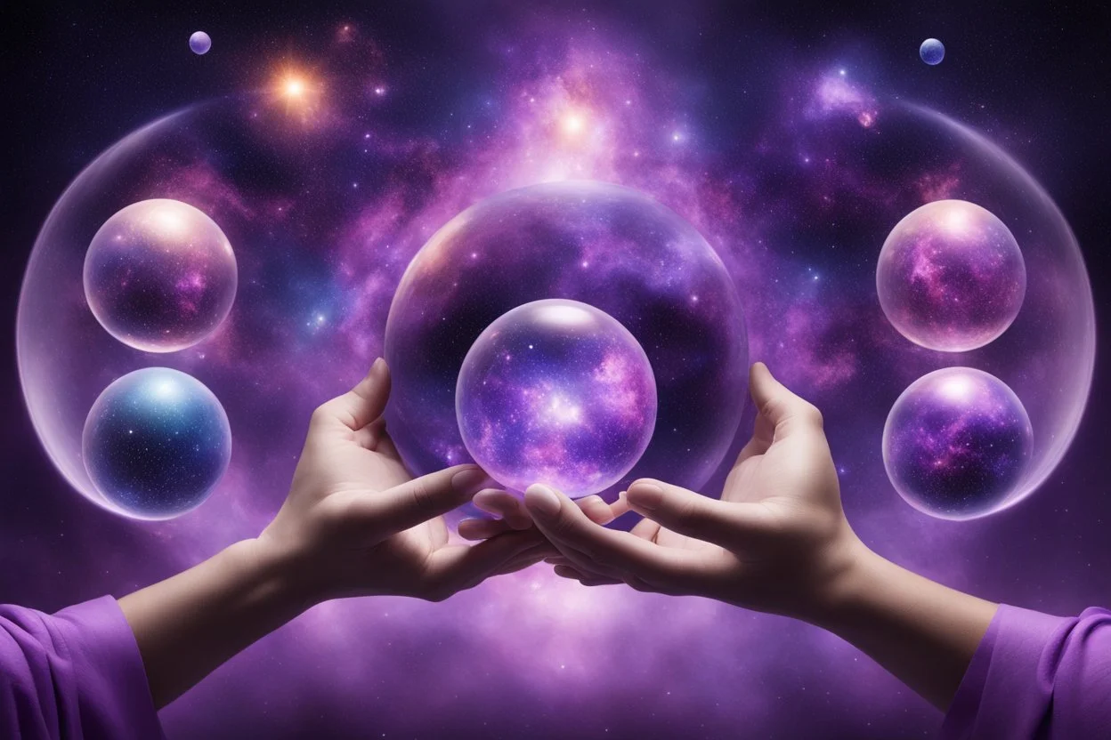 kundalini, connected to the universe, few colours of galaxy, holding galaxies in few hands in glass balls, purple colours, few more