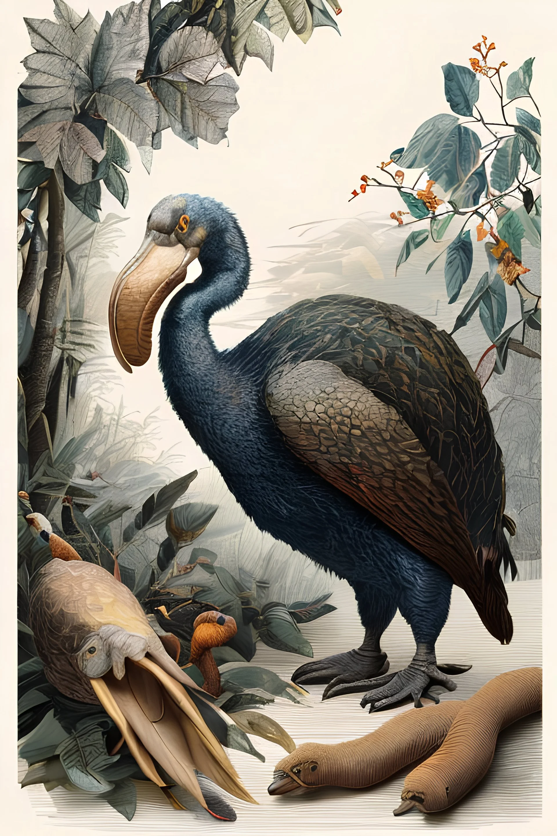 John James Audubon-like illustration of a fully uncropped Dodo bird and a Platypus in a landscape of warm yellows, warm reds, and warm blues