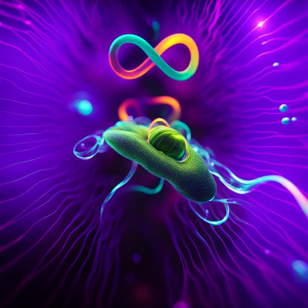 infinity symbol ∞ with vibrant single plankton in water, striking, neon, chiaroscuro, dramatic, captivating, powerful, fantasy, beautiful, octane render, 16k post-production, artstation: award-winning: atmospheric: commanding: fantastical: clarity: ultra quality: striking: brilliance: stunning colors: amazing depth; lens: f/11, 35mm