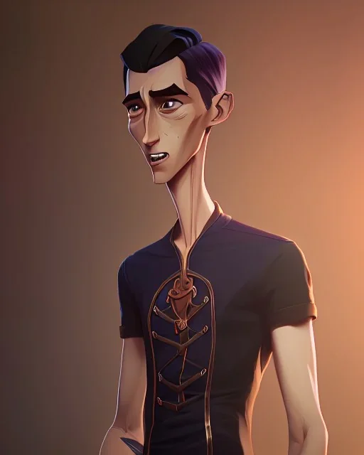 a tall rattled guy with short dark hair tousled on top, a long neck and limbs and is wearing a t-shirt with a shirt over and skinny jeans