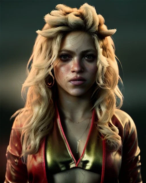 portrait, Shakira, blonde artist, angry, Realistic image, MMA robe, hoodie, mouthguard, nose, band aid, loose long hair, eyes make up, line gold make up, glow, circle iris. Rain, fog, Neon colors, leds. Dark background, photo studio, concept art, smooth, unreal engine 5, god lights, ray tracing, RTX, lumen lighting, ultra detail, volumetric lighting, 3d, finely drawn, high definition, 4k.