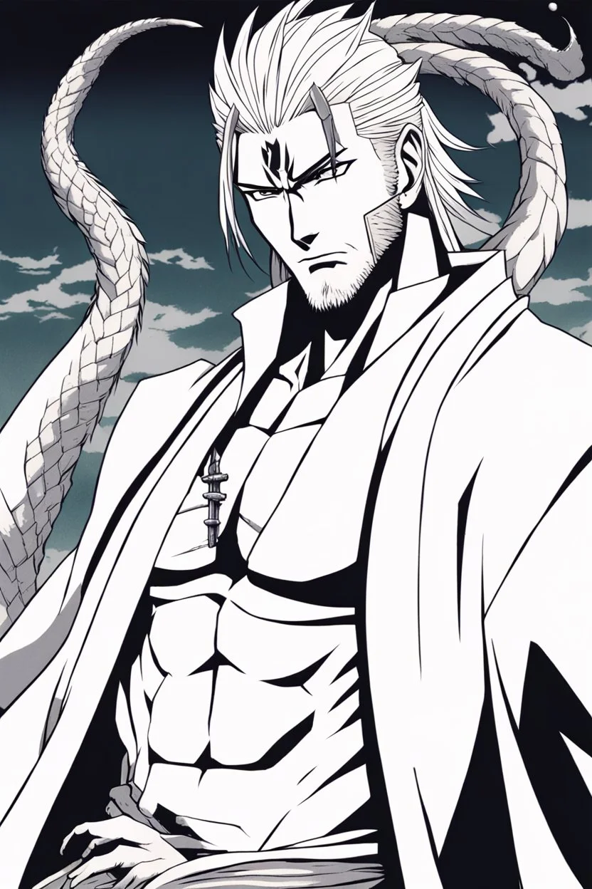 A manga-style portrait of a 35-years old male Shinigami from Bleach, tall and muscular, with wild silver-gray hair, steel-colored eyes, and a scar across his left brow and cheek. He wears a tattered captain's haori of the 11th Division, open kimono revealing a dragon claw tattoo on his chest, and metallic claws on his forearms. He smirks defiantly, standing in a dynamic pose with silver reiatsu swirling around him.