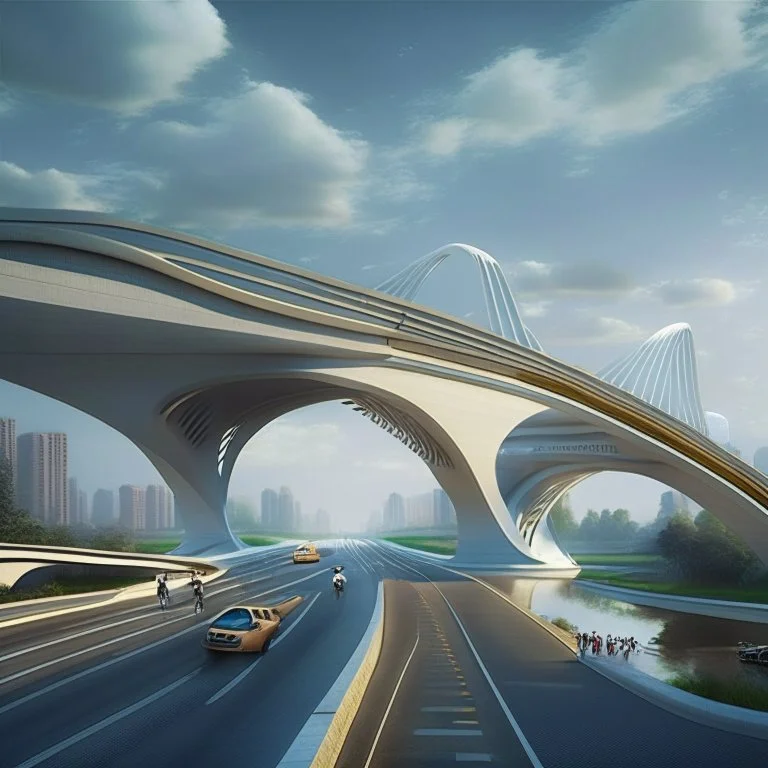 Puente para personas atraviesa una autopista de lado a lado, por debajo pasan autos, estilo Zaha Hadid