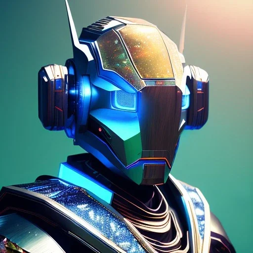 A portrait of a crystalised robot samurai with yakuza tatu, atmospheric, realistic, unreal engine cosmic galactic, cinematic lighting, octane render, transparent,bleu yellow light