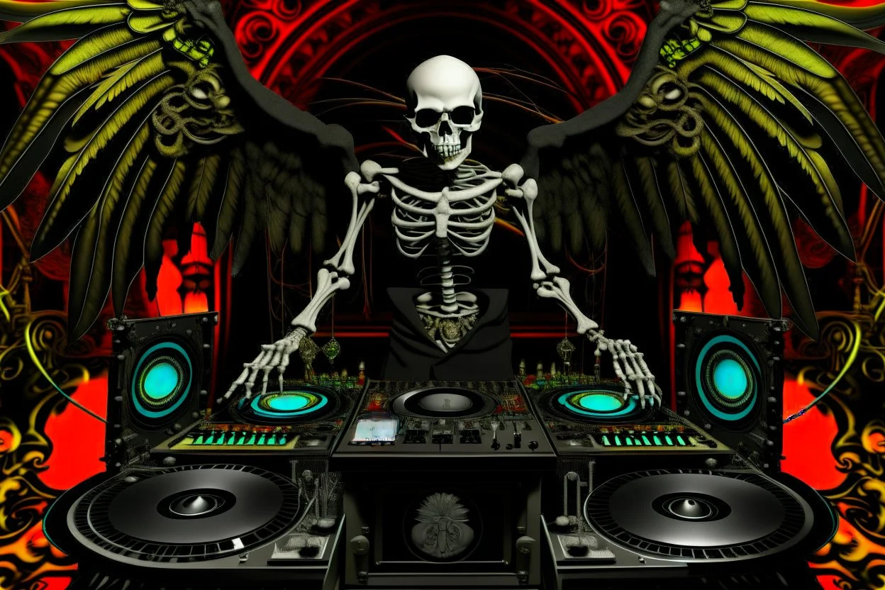 DJ of the damnded, insanely detailed DJ booth in hell, MID set, speakers and equipment made of bone, anatomically correct,