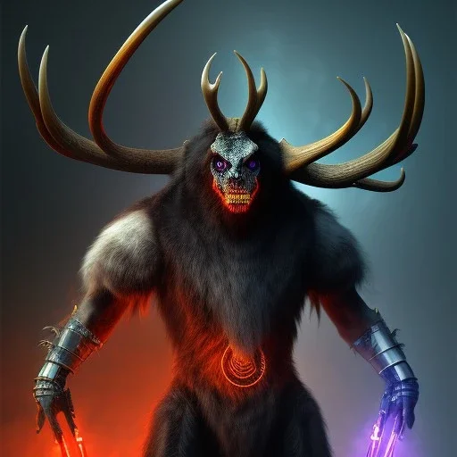 BEAST - Rendezvous,dark figure with scythe, full body, glowing eyes, grey mist, light rays, torch,ass face, twisting antlers