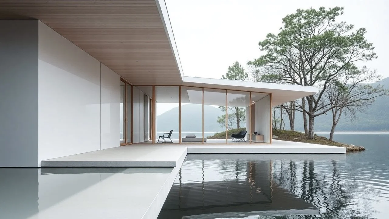 A minimalist single-family house inspired by the architecture of Kazuyo Sejima, located by a serene lake. The structure features clean, delicate lines, translucent walls, and a lightweight design that blurs the boundary between interior and exterior. The building interacts harmoniously with the water, reflecting natural light and blending seamlessly into its tranquil surroundings.